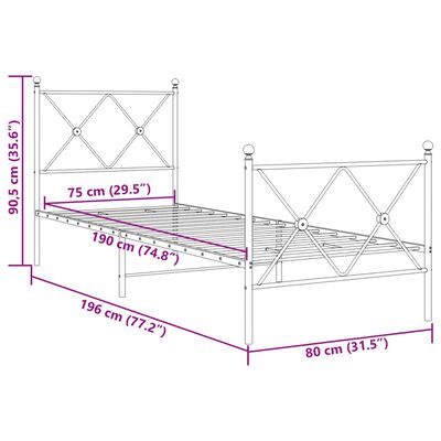 vidaXL gultas rāmis ar galvgali un kājgali, balts metāls, 75x190 cm