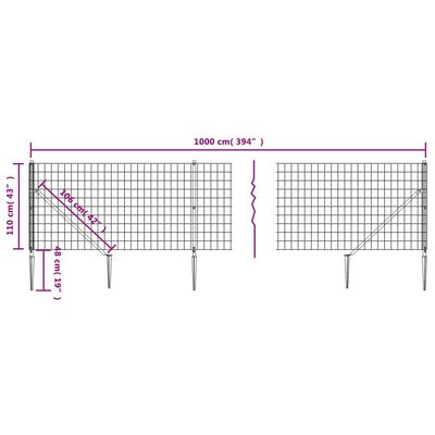 vidaXL stiepļu žogs ar zemes mietiņiem, antracītpelēks, 1,1x10 m