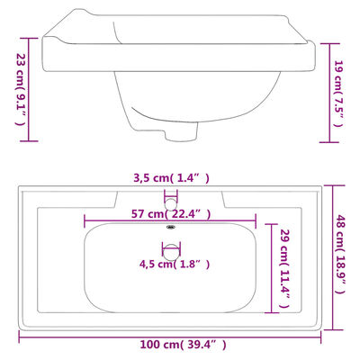 vidaXL vannasistabas izlietne, balta, 100x48x23 cm, taisnstūra