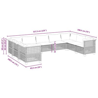 vidaXL 9-daļīgs dārza dīvāna komplekts, matrači, melna PE rotangpalma