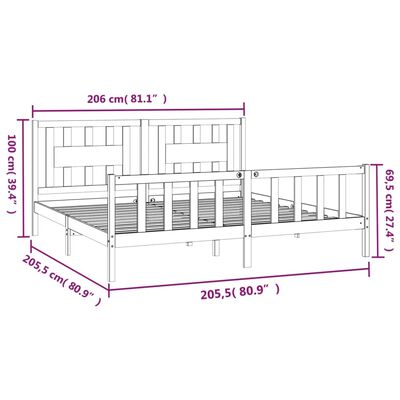 vidaXL gultas rāmis ar galvgali, pelēks, priedes masīvkoks, 200x200 cm