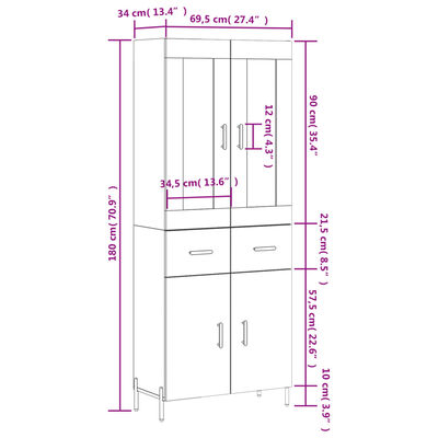 vidaXL augstais skapis, balts, 69,5x34x180 cm, inženierijas koks