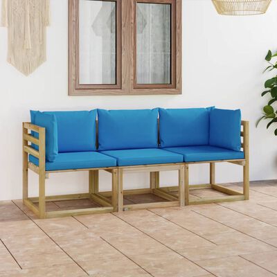 vidaXL 3-vietīgs dārza dīvāns ar gaiši ziliem matračiem