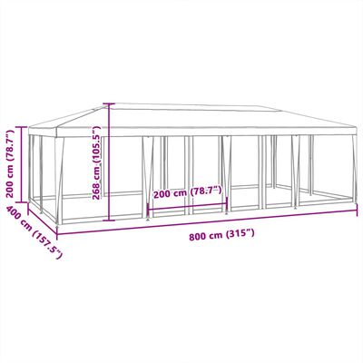 vidaXL svinību telts, ar 12 sieta sienām, 8x4 m, balta, HDPE