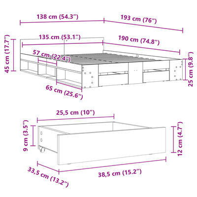 vidaXL gultas rāmis ar atvilktnēm, melns, 135x190cm, inženierijas koks