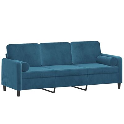 vidaXL trīsvietīgs dīvāns ar spilveniem, zils, 180 cm, samts