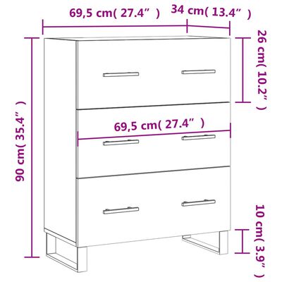 vidaXL kumode, balta, 69,5x34x90 cm, inženierijas koks