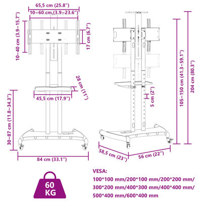 vidaXL TV statīvs uz riteņiem, 32-70 collu ekrānam, 600x400 mm, 60 kg