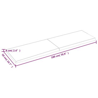 vidaXL galda virsma, 180x50x(2-6) cm, neapstrādāts ozola masīvkoks