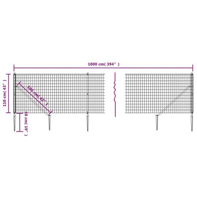 vidaXL stiepļu žogs ar zemes mietiņiem, zaļš, 1,1x10 m