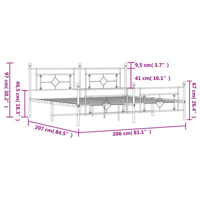 vidaXL gultas rāmis ar galvgali un kājgali, balts metāls, 200x200 cm