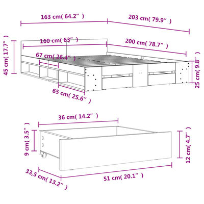 vidaXL gultas rāmis ar atvilktnēm, pelēka ozola, 160x200 cm