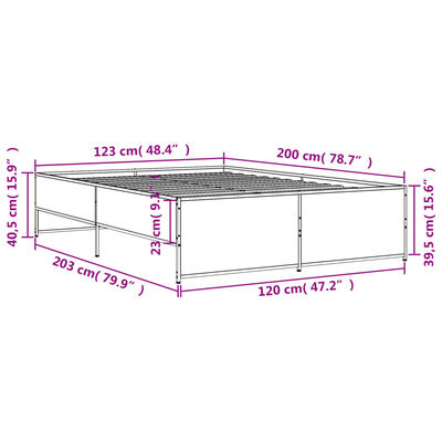 vidaXL gultas rāmis, pelēka ozola 120x200cm, inženierijas koks, metāls