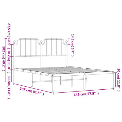 vidaXL gultas rāmis ar galvgali, balts metāls, 140x200 cm