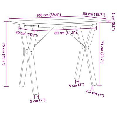 vidaXL virtuves galds, Y-rāmis, 100x50x75 cm, priedes koks, čuguns