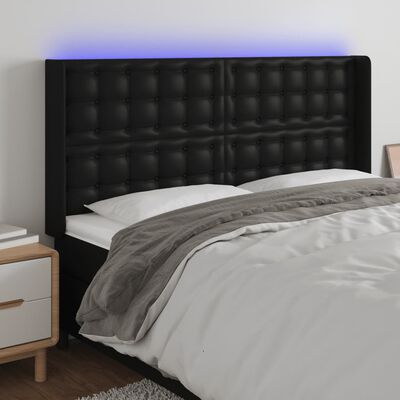 vidaXL gultas galvgalis ar LED, 203x16x118/128 cm, melna mākslīgā āda