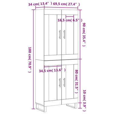 vidaXL augstais skapis, melns, 69,5x34x180 cm, inženierijas koks