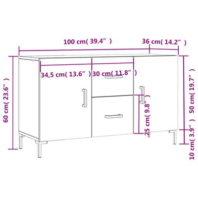 vidaXL kumode, ozolkoka krāsa, 100x36x60 cm, inženierijas koks