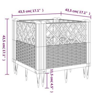 vidaXL dārza puķu kaste ar mietiņiem, brūna, 43,5x43,5x43,5 cm, PP