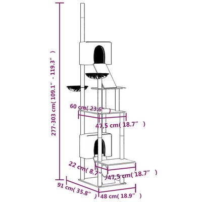 vidaXL kaķu māja līdz griestiem, gaiši pelēka, 277-303 cm