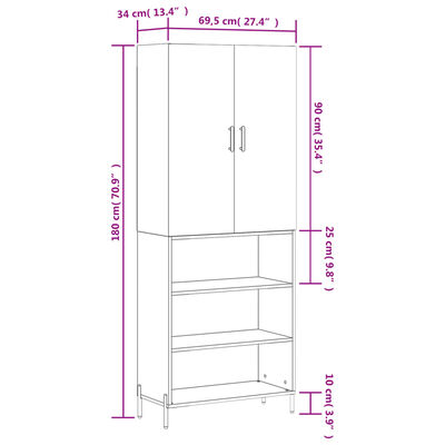 vidaXL augstais skapis, balts, 69,5x34x180 cm, inženierijas koks