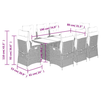 vidaXL 9-daļīgs dārza mēbeļu komplekts, matrači, melns, PE rotangpalma