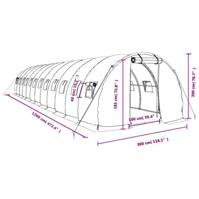 vidaXL siltumnīca ar tērauda rāmi, balta, 36 m², 12x3x2 m