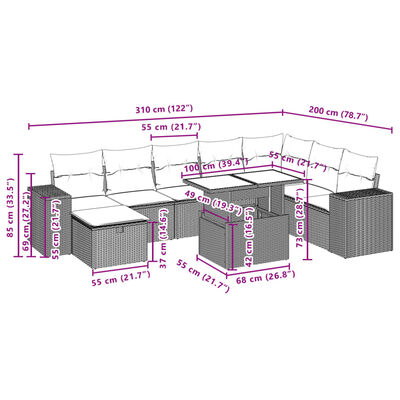 vidaXL 9-daļīgs dārza dīvāna komplekts, matrači, melna PE rotangpalma