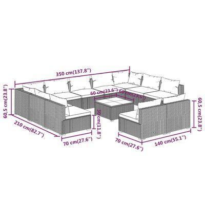 vidaXL 12-daļīgs dārza mēbeļu komplekts, matrači, melna PE rotangpalma