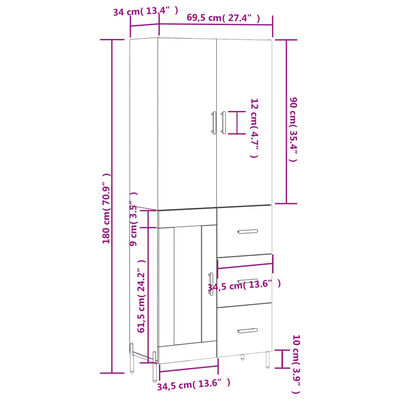 vidaXL augstais skapis, ozolkoka, 69,5x34x180 cm, inženierijas koks