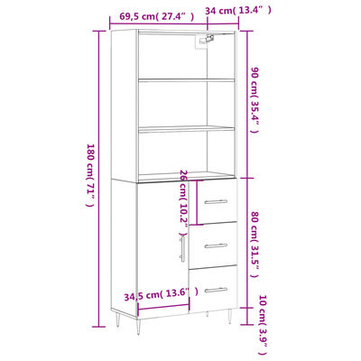 vidaXL augstais skapis, ozolkoka, 69,5x34x180 cm, inženierijas koks