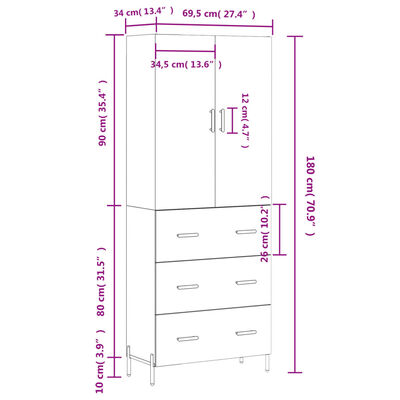 vidaXL augstais skapis, ozolkoka, 69,5x34x180 cm, inženierijas koks