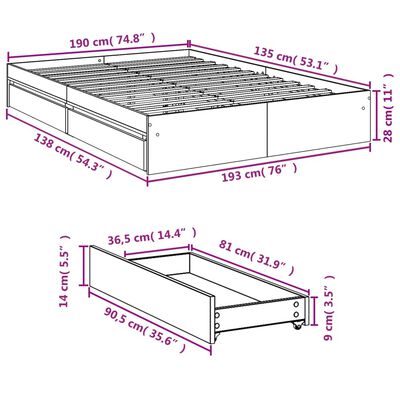 vidaXL gultas rāmis ar atvilktnēm, melns, 135x190cm, inženierijas koks