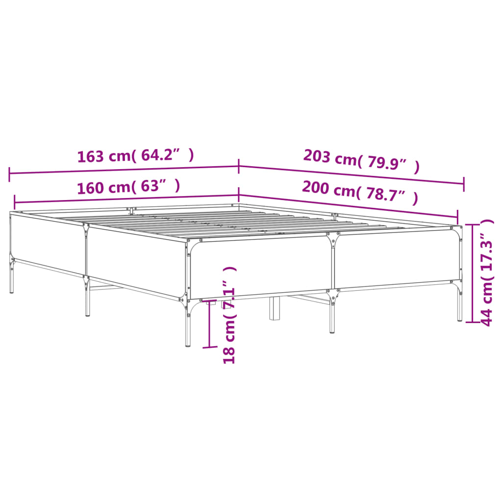 vidaXL gultas rāmis, pelēka ozola,160x200cm, inženierijas koks, metāls