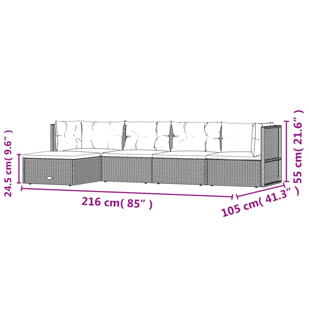vidaXL 5-daļīgs dārza mēbeļu komplekts ar matračiem, PE pinums, melns