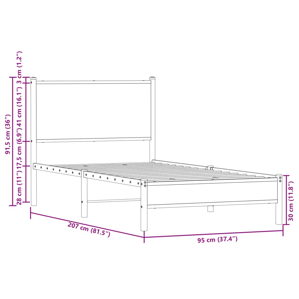 vidaXL gultas rāmis ar galvgali, brūna ozola metāls, 90x200 cm