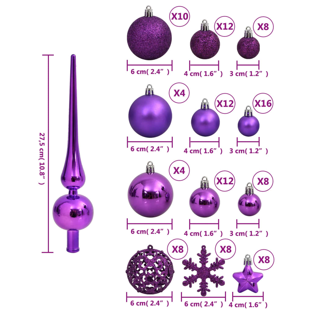 vidaXL Ziemassvētku eglītes rotājumi, 111 daļas, violets polistirols