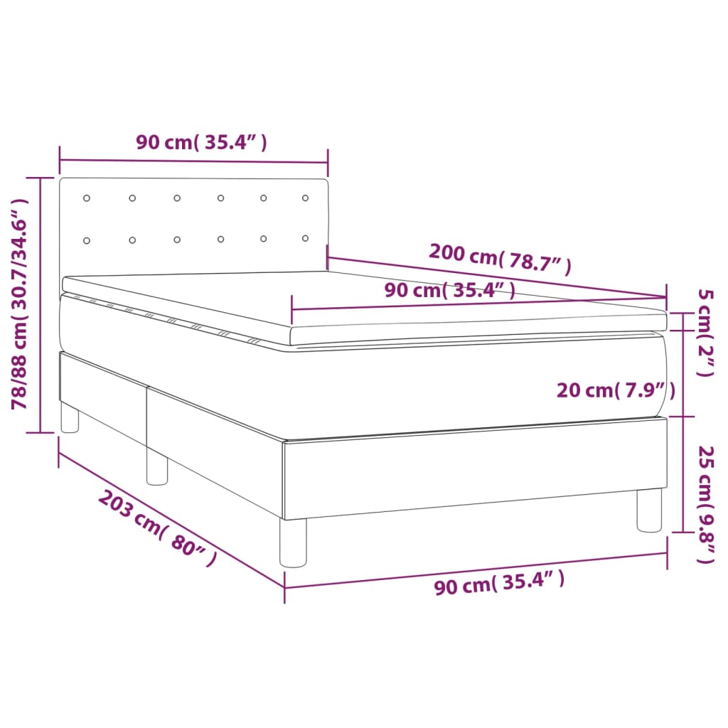 vidaXL atsperu gulta ar matraci, LED, melna, 90x200 cm, mākslīgā āda