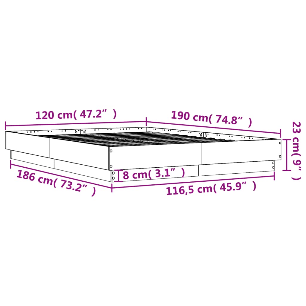 vidaXL gultas rāmis ar LED, betona pelēks, 120x190 cm