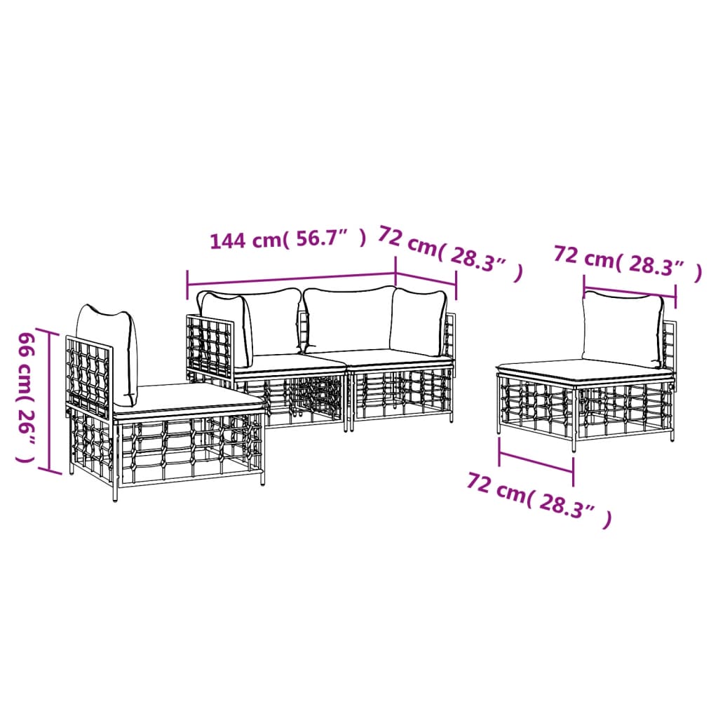 vidaXL 4-daļīgs dārza mēbeļu komplekts ar matračiem, PE rotangpalma