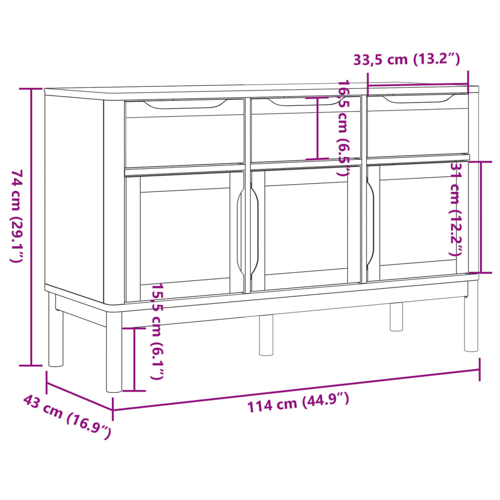 vidaXL kumode FLORO, balta, 114x43x74 cm, priedes masīvkoks