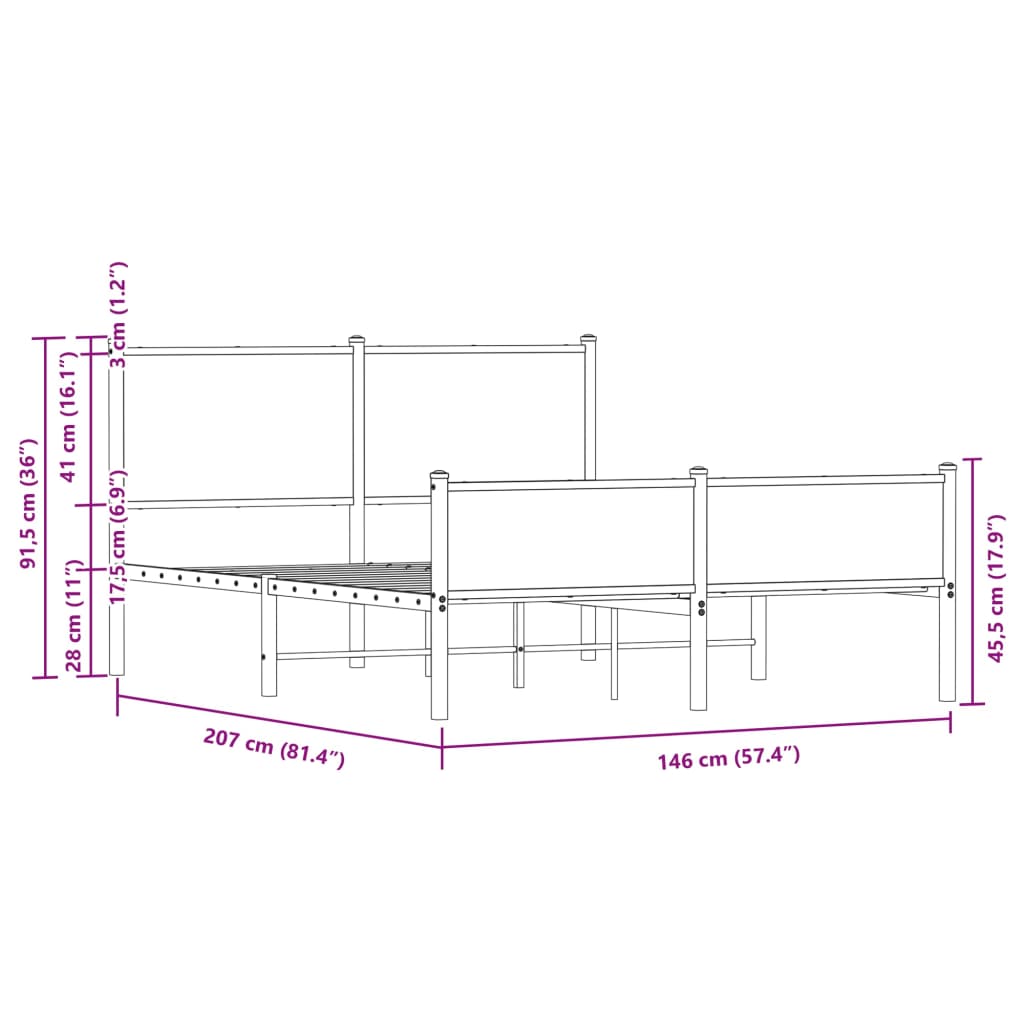 vidaXL gultas rāmis ar galvgali un kājgali, brūns metāls, 140x200 cm