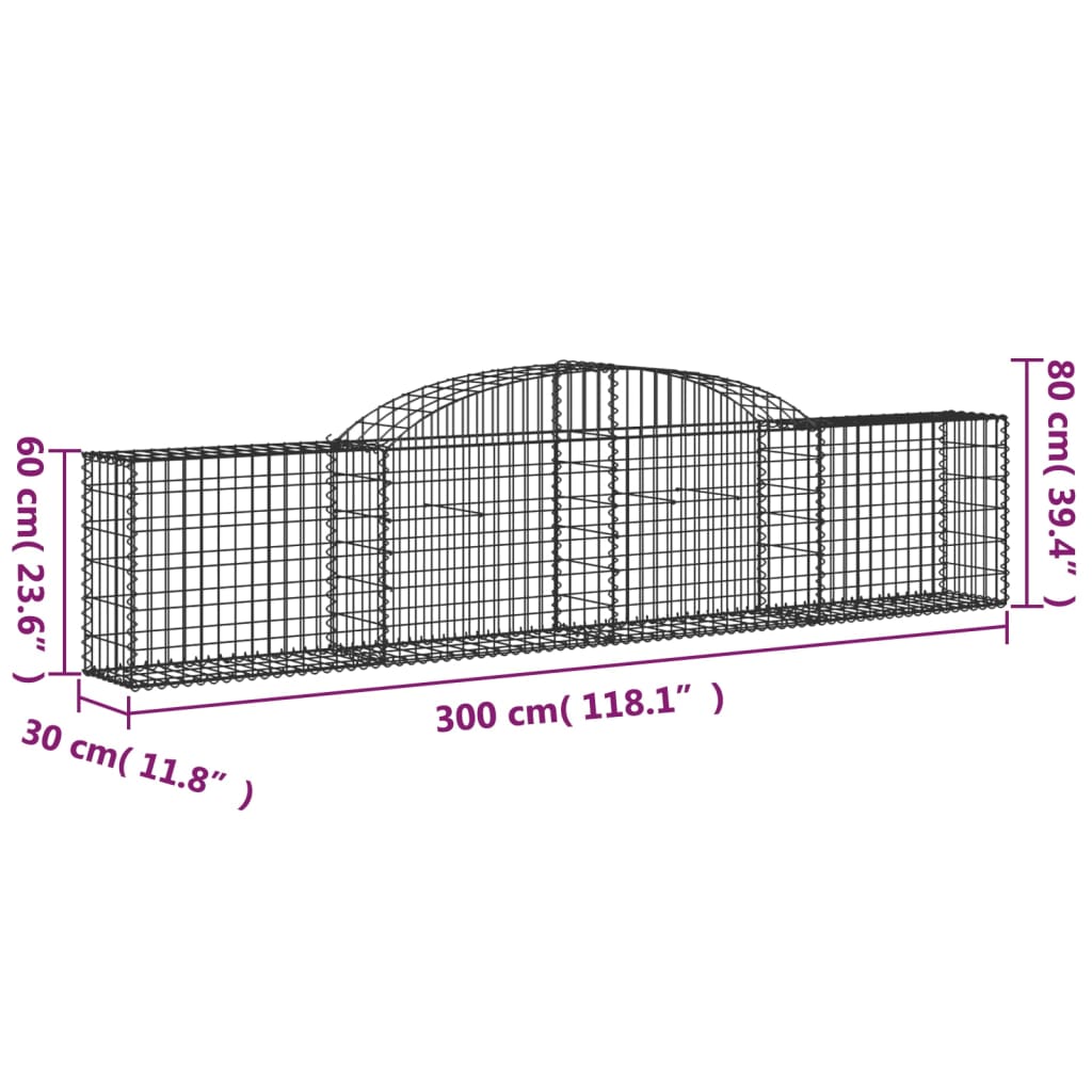 vidaXL arkveida gabiona grozi, 12 gb., 300x30x60/80 cm, cinkota dzelzs