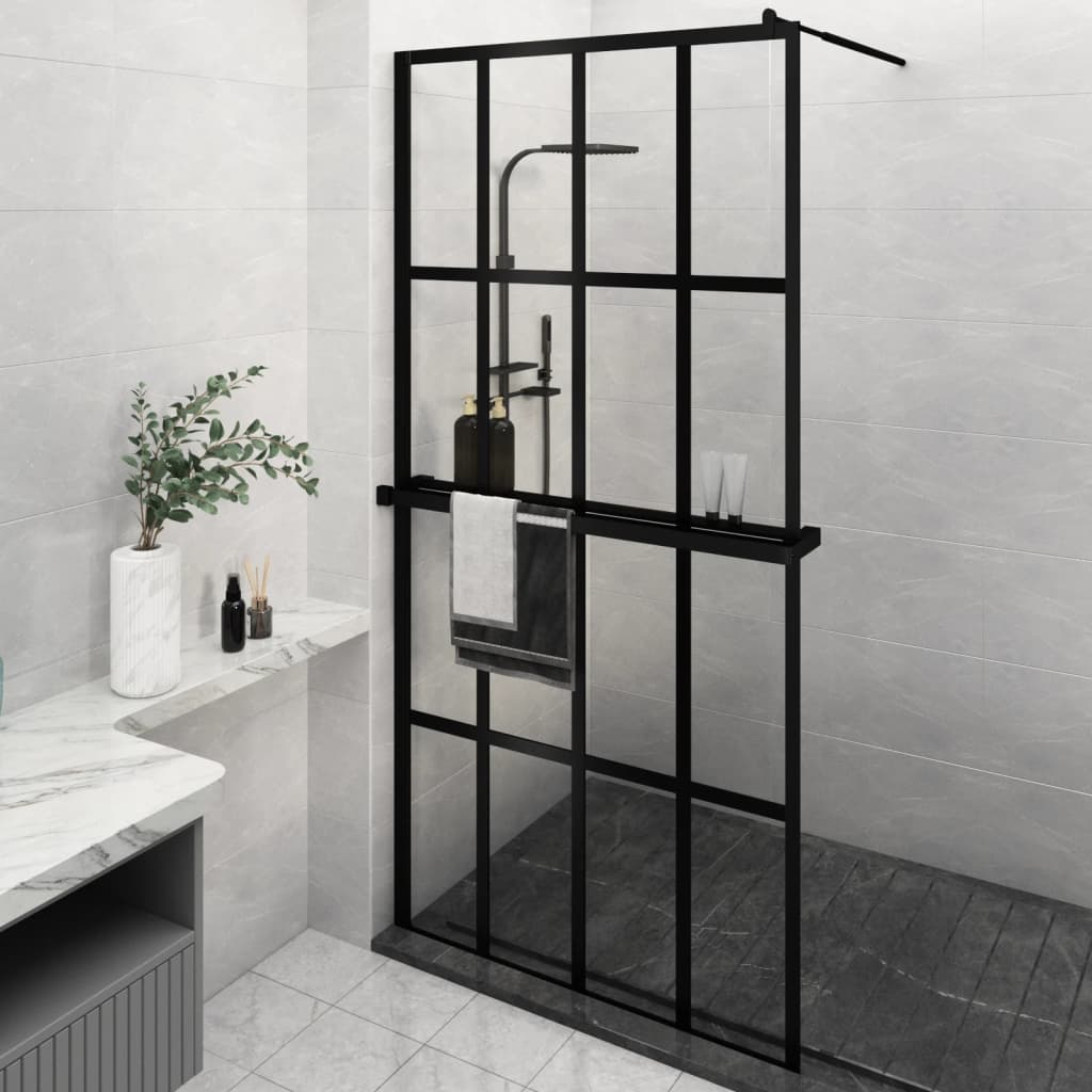 vidaXL dušas siena ar plauktu, melna, 118x190cm, ESG stikls, alumīnijs