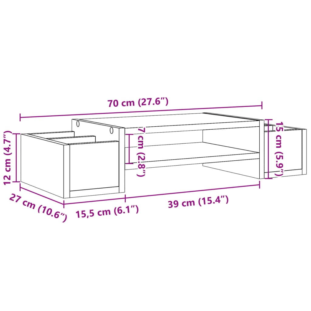 vidaXL monitora paliktnis ar plauktu, ozola krāsa, 70x27x15 cm