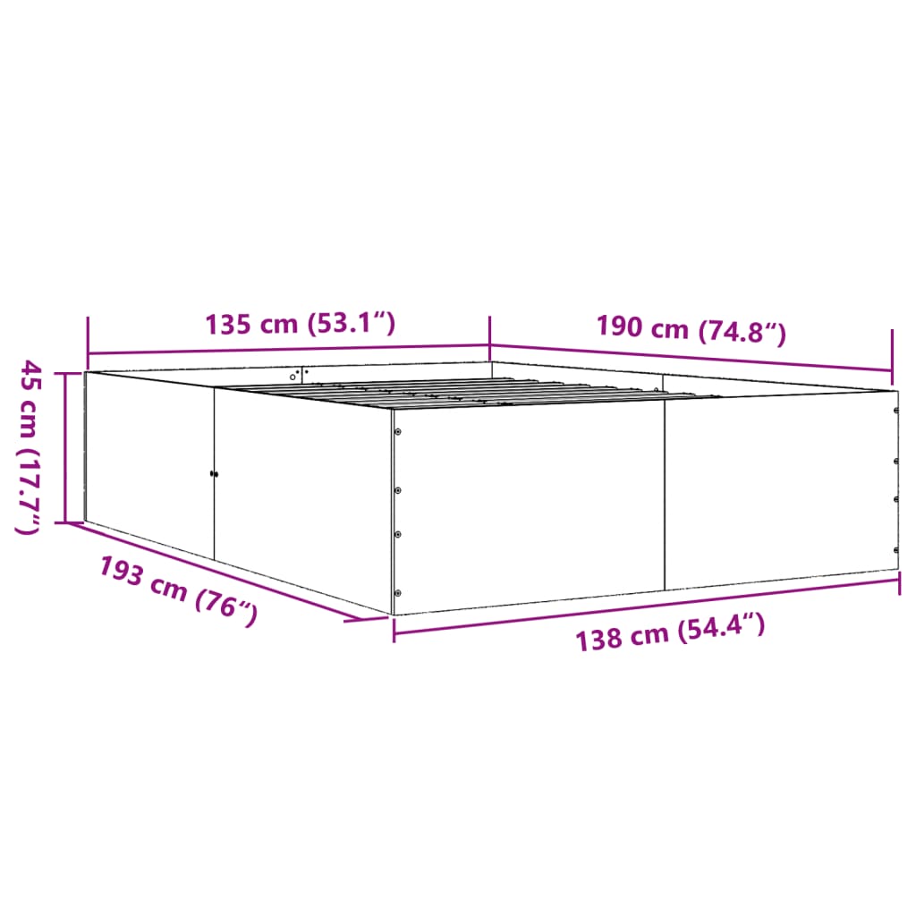 vidaXL gultas rāmis, melns, 135x190 cm, inženierijas koks