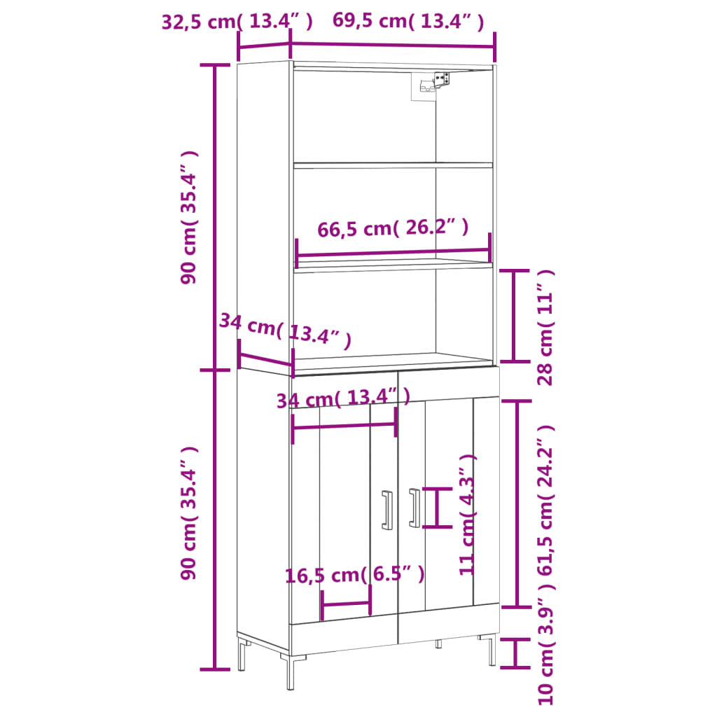 vidaXL augstais skapis, ozolkoka, 69,5x34x180 cm, inženierijas koks