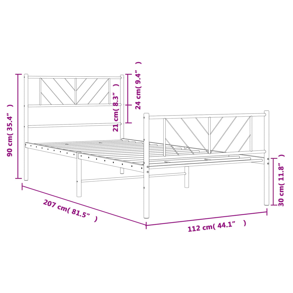 vidaXL gultas rāmis ar galvgali un kājgali, balts metāls, 107x203 cm