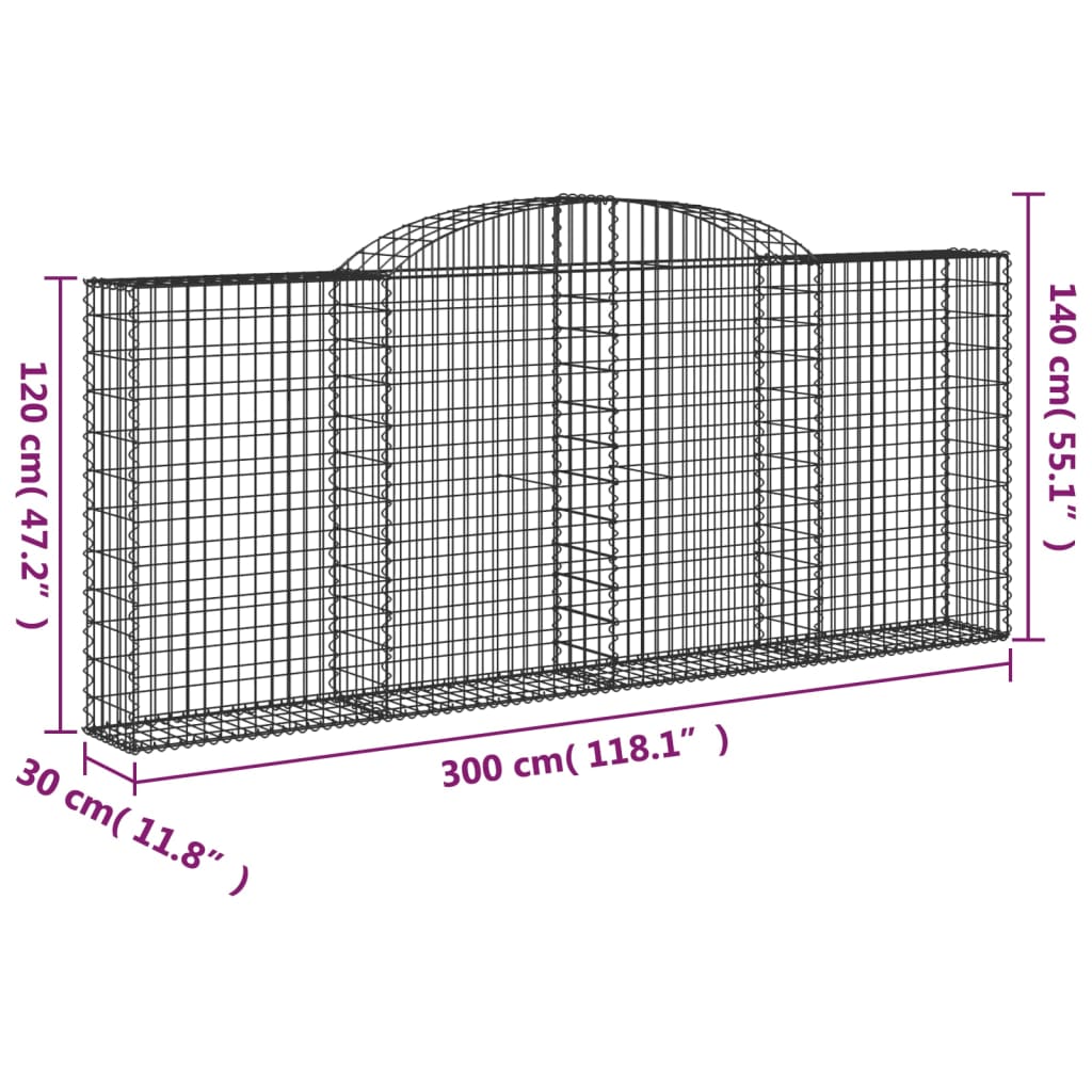 vidaXL arkveida gabiona grozi, 9 gb., 300x30x120/140cm, cinkota dzelzs