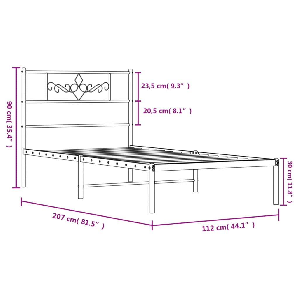 vidaXL gultas rāmis ar galvgali, balts metāls, 107x203 cm